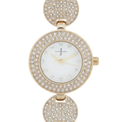 Ladies designer gold plated pave disc bracelet watch